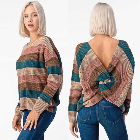 Sweaters - Teal Multi Neutrals Colors Twist Back